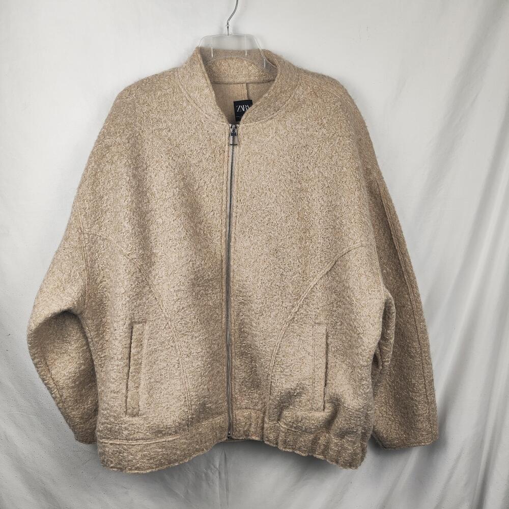 Zara Jacket Womens M-L Beige Wool Bomber Full Zip Pockets Oversized Knit